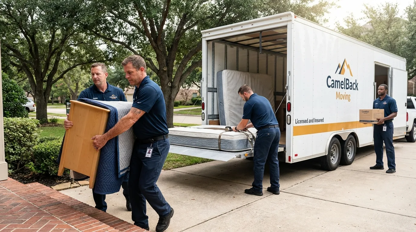 Crew loading residential truck for cross-state move from Woodward, IA