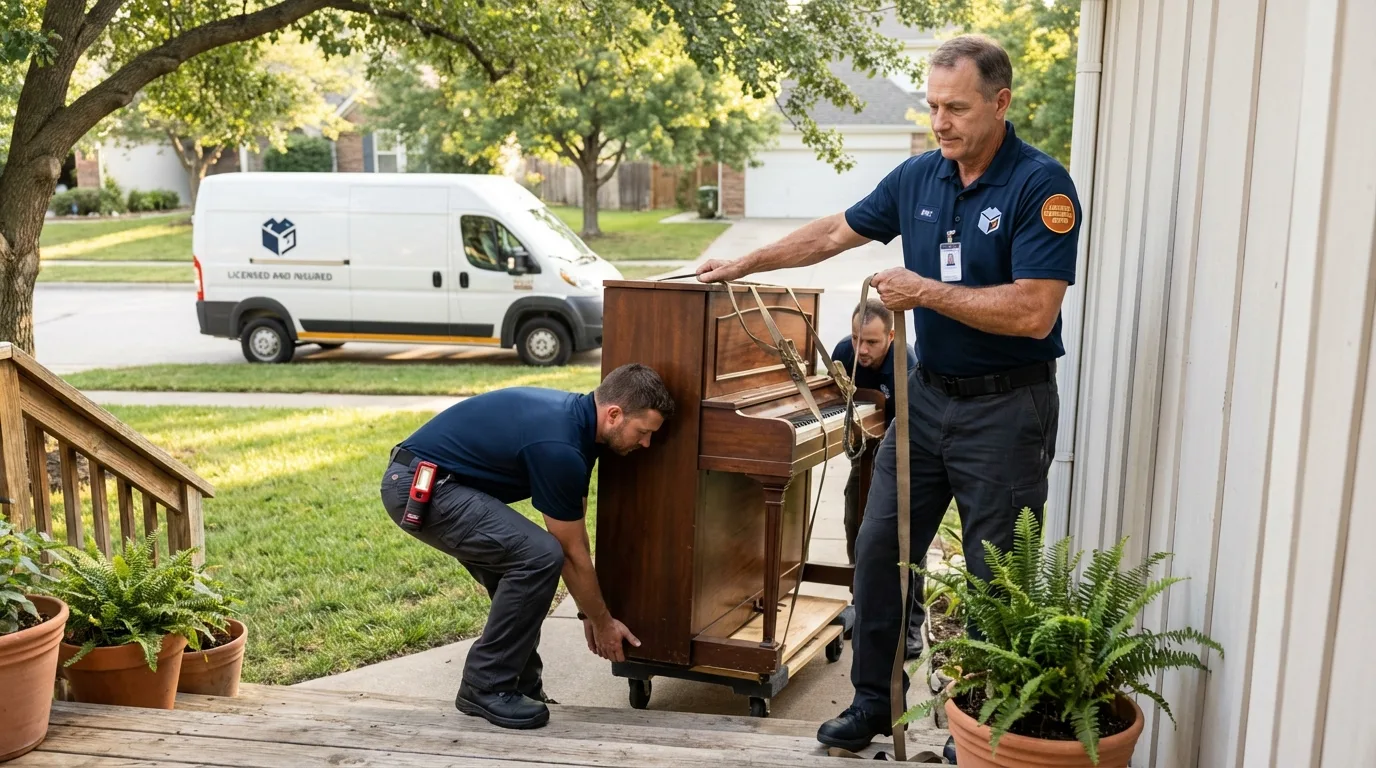 Licensed piano movers securing grand piano in Woodward, IA