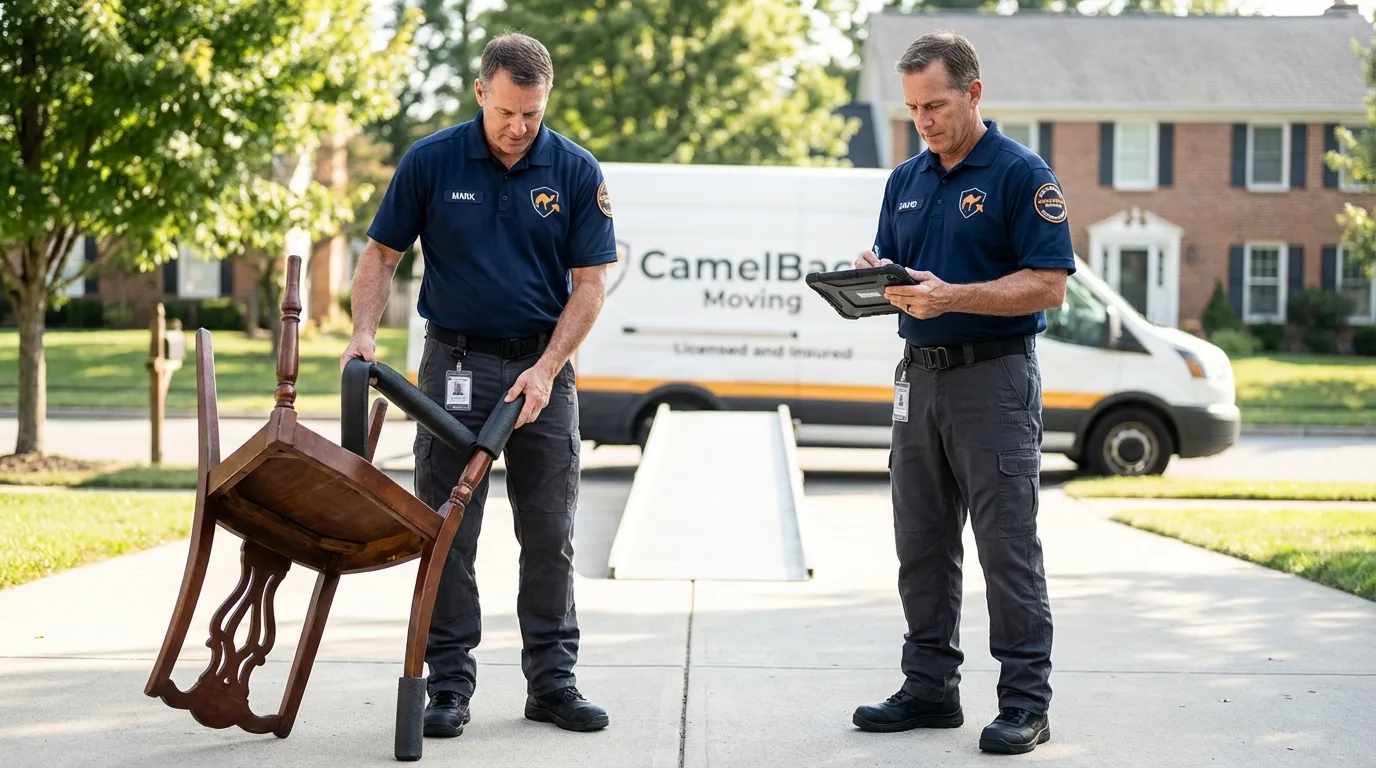 Movers inspecting furniture for damage prevention before loading in Woodward, IA