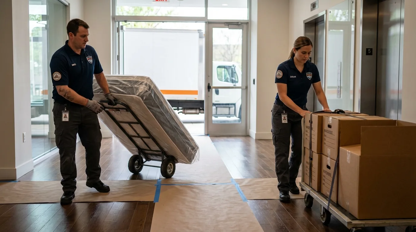 Professional apartment movers loading elevator in Woodward, IA