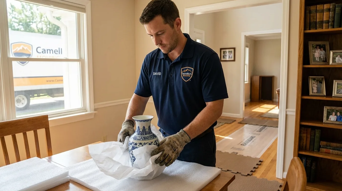 Professional crew carefully wrapping antique vase for senior downsizing move in Woodward, IA
