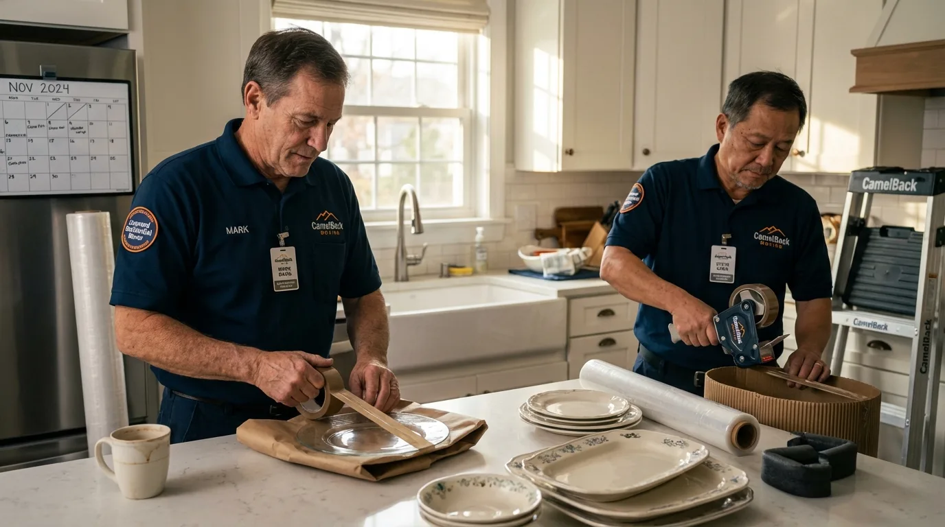 Professional crew packing kitchen dishware in Woodward, IA